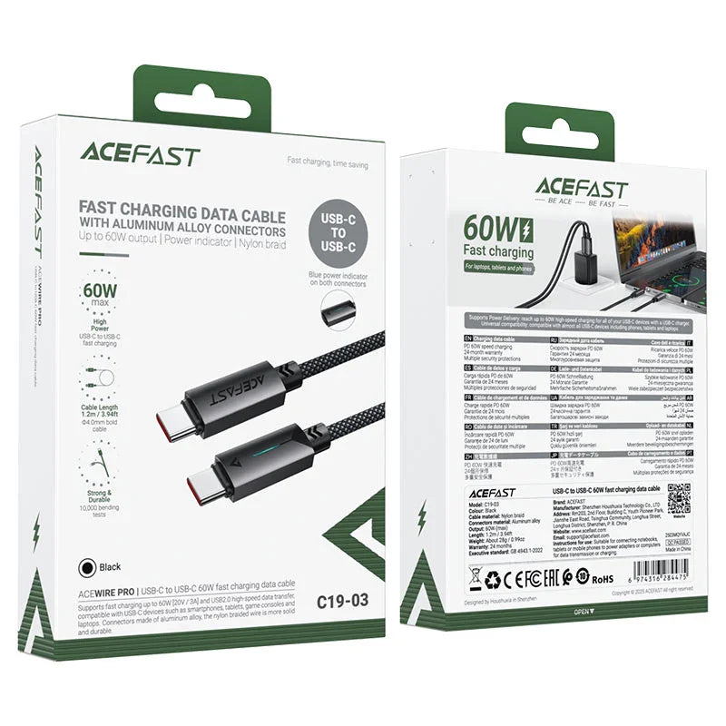 AceFast | 18476 | C19-03 | كابل شحن سريع USB C إلى USB C بقوة 60 واط | أسود