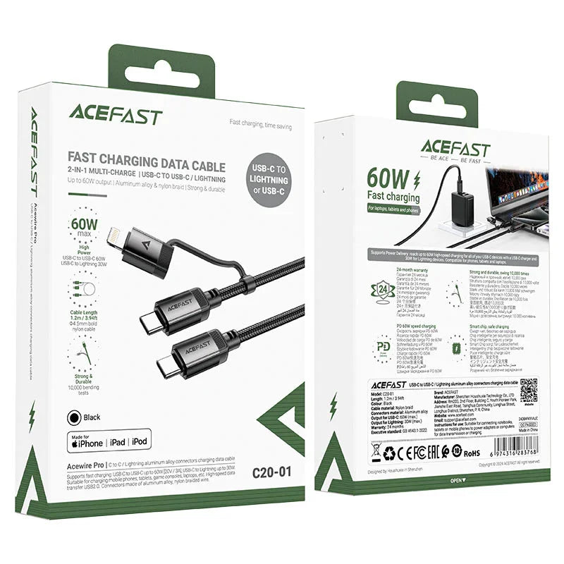 AceFast | 17956 | C20-01 | Usb C To Usb C / Lightning Aluminum Alloy Connectors Charging Data Cable | Black
