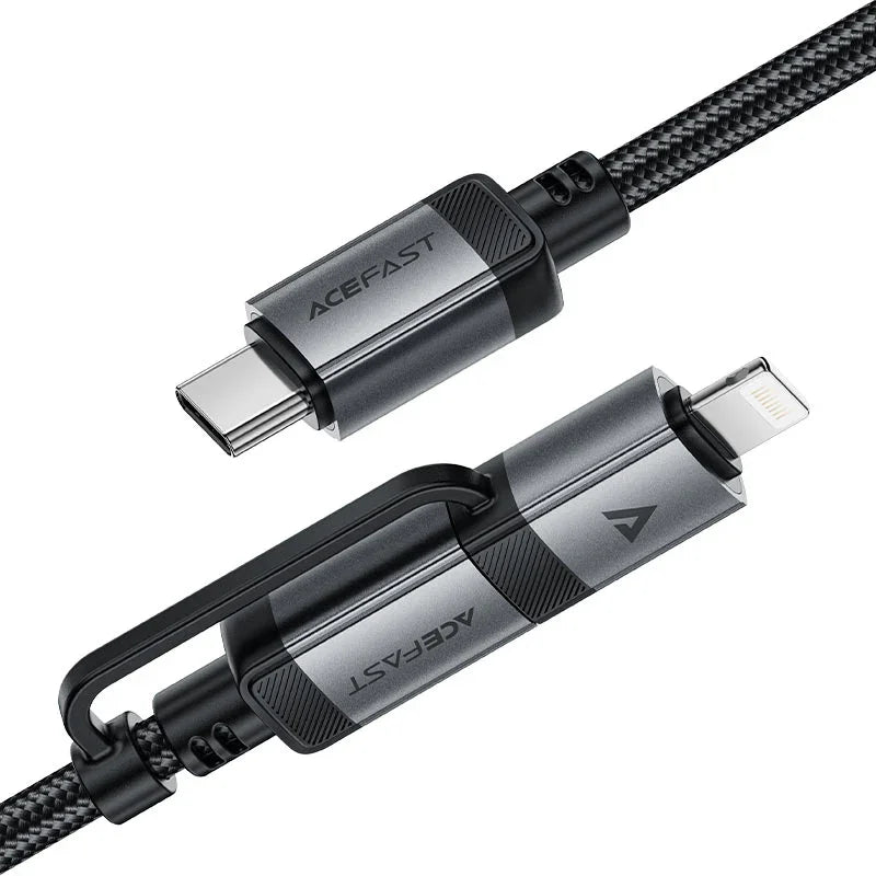 AceFast | 17956 | C20-01 | كابل شحن وبيانات USB C إلى USB C / Lightning بموصلات من سبائك الألومنيوم | أسود