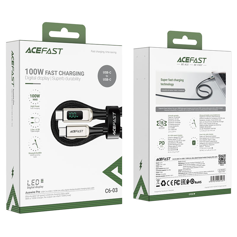 AceFast | 15888 | C6-03 | Usb C To Usb C 100W Zinc Alloy Digital Display Braided Charging Data Cable | Black