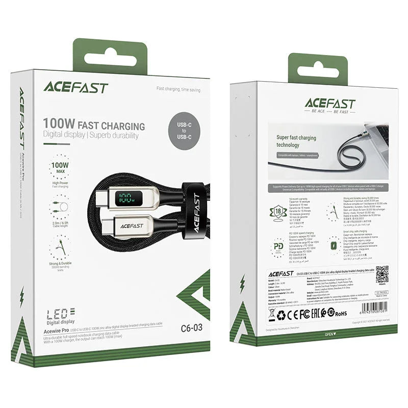 AceFast | 15888 | C6-03 | Usb C To Usb C 100W Zinc Alloy Digital Display Braided Charging Data Cable | Black