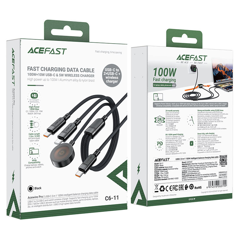 AceFast | 17966 | C6-11 | Usb C 3 In 1 100W Intelligent Balance Charging Data Cable | Black