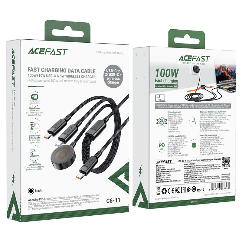 AceFast | 17966 | C6-11 | Usb C 3 In 1 100W Intelligent Balance Charging Data Cable | Black