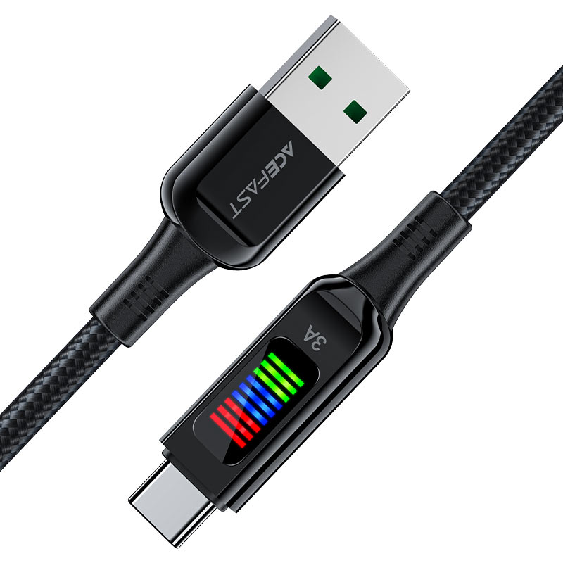 AceFast | 17955 | C7-04 | Usb A To Usb C Zinc Alloy Charging Data Cable With Display | Black