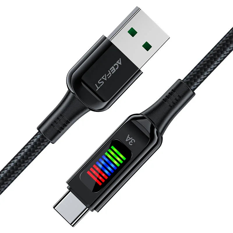 AceFast | 17955 | C7-04 | كابل شحن وبيانات من USB A إلى USB C مصنوع من سبائك الزنك مع شاشة | أسود