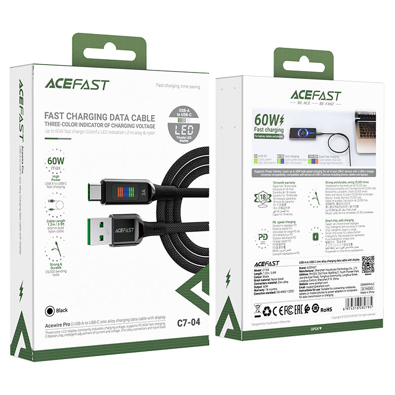 AceFast | 17955 | C7-04 | Usb A To Usb C Zinc Alloy Charging Data Cable With Display | Black