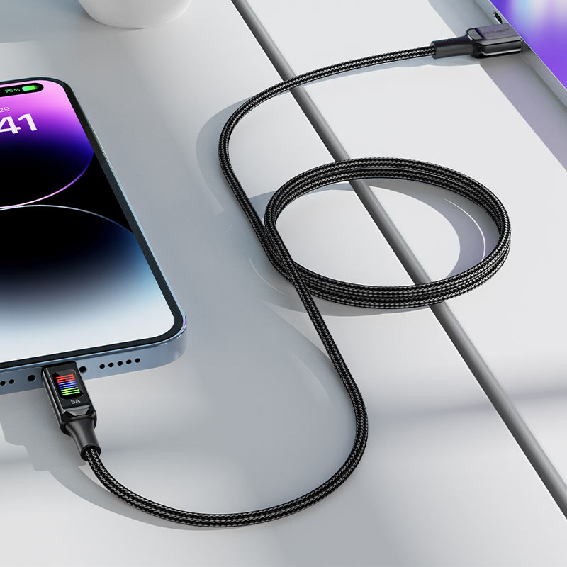 AceFast | 17955 | C7-04 | Usb A To Usb C Zinc Alloy Charging Data Cable With Display | Black