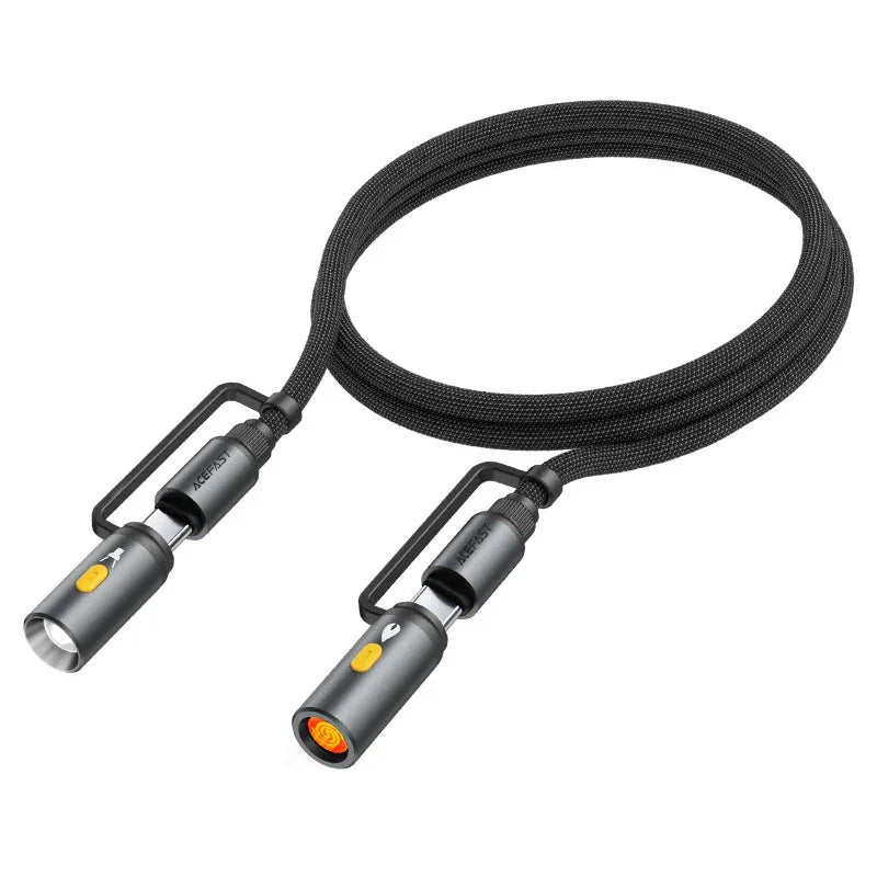 AceFast | 18490 | J4 | كابل شحن وبيانات متعدد الوظائف بمنفذ USB C+ وإضاءة LED وولاعة سجائر | أسود