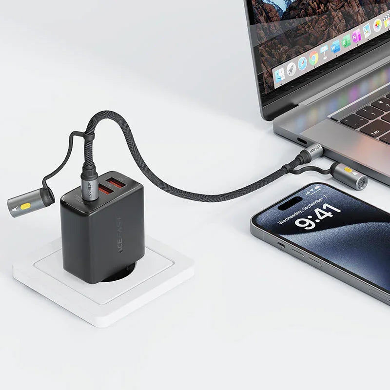 AceFast | 18490 | J4 | كابل شحن وبيانات متعدد الوظائف بمنفذ USB C+ وإضاءة LED وولاعة سجائر | أسود