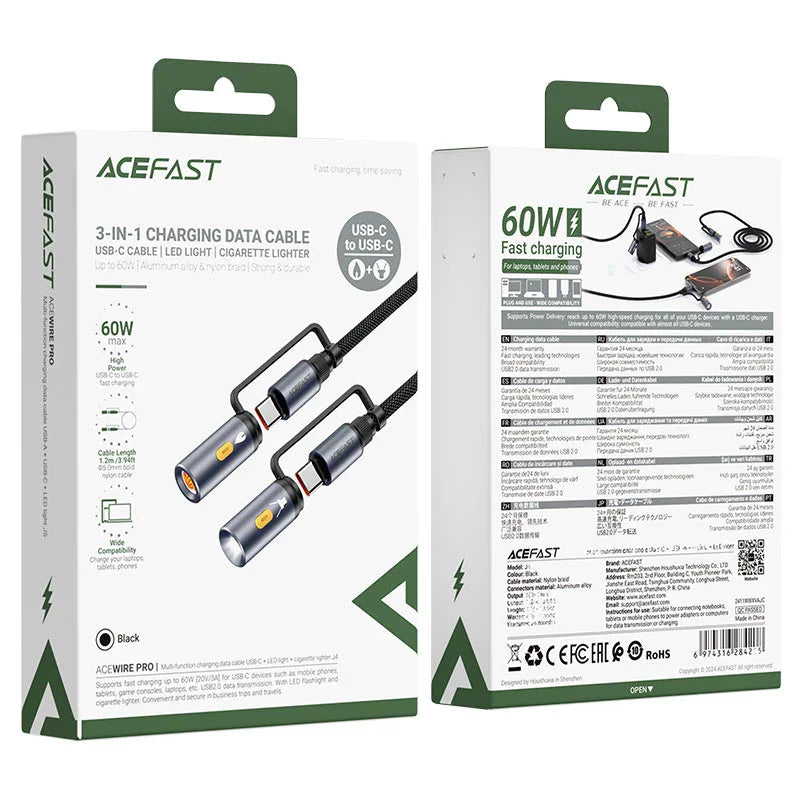AceFast | 18490 | J4 | كابل شحن وبيانات متعدد الوظائف بمنفذ USB C+ وإضاءة LED وولاعة سجائر | أسود