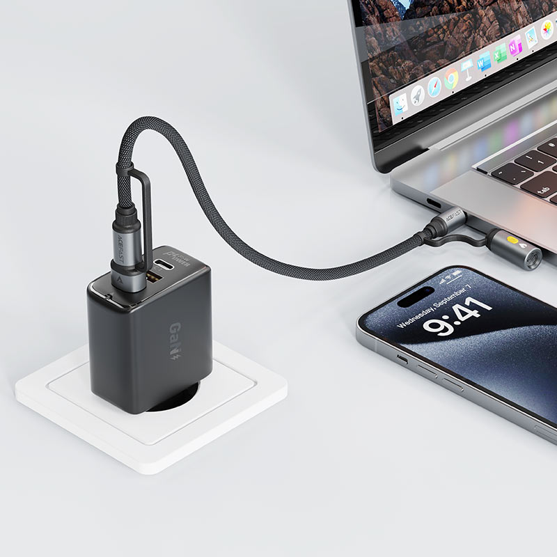 AceFast | 18488 | J6 | Multifunction Charging Data Cable Usb-A Usb-C Cigarette Lighter | Black