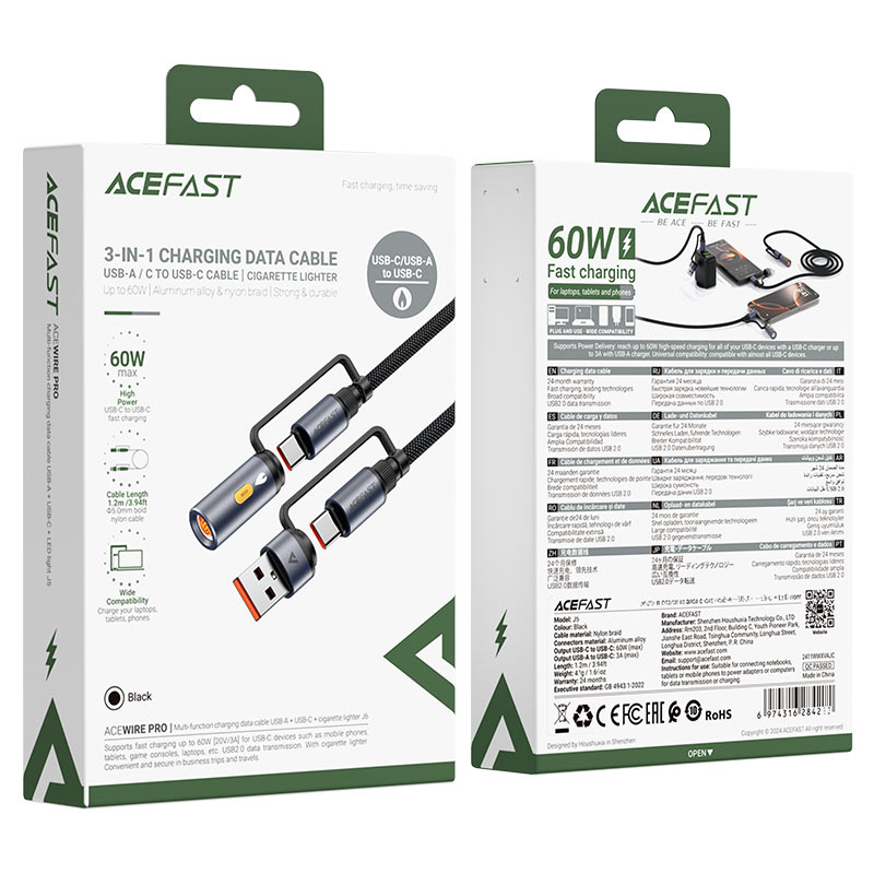 AceFast | 18488 | J6 | Multifunction Charging Data Cable Usb-A Usb-C Cigarette Lighter | Black