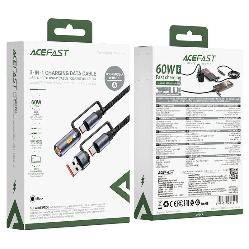 AceFast | 18488 | J6 | Multifunction Charging Data Cable Usb-A Usb-C Cigarette Lighter | Black
