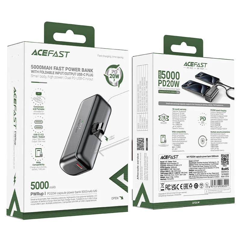 AceFast | 17673 | M9 | 5000 PD20W Capsule Power Bank Type C | Black