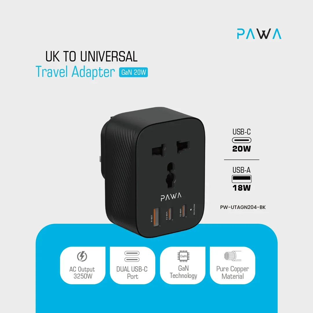 Pawa UK to UNIVERSAL Travel Adapter GAN 20W.(PW-UTAGN204-BK)