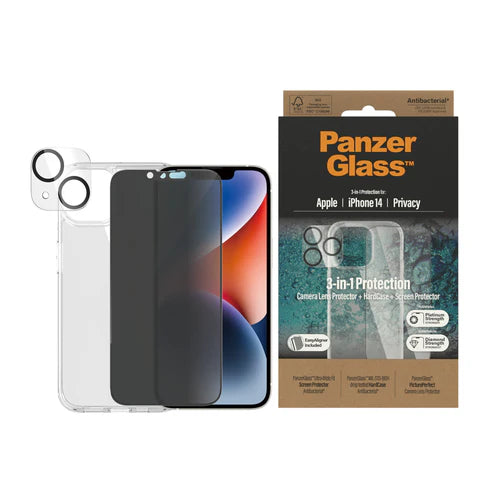 310103643، مجموعة PanzerGlass™ 3 في 1 لحماية الخصوصية لهاتف iPhone 14 - B0401+P2783