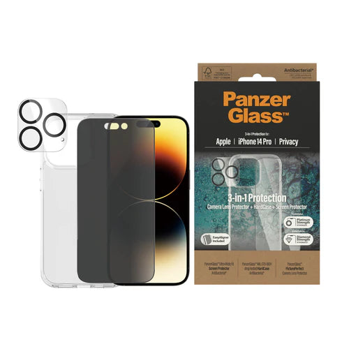 310103644، مجموعة حماية الخصوصية PanzerGlass™ 3 في 1 لهاتف iPhone 14 Pro - B0402+P2784