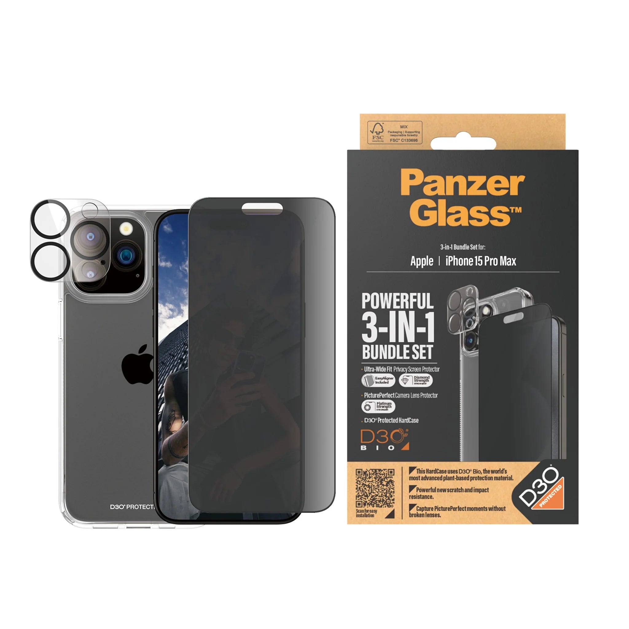 PanzerGlass 3-in-1 Privacy Bundle for iPhone 15 Pro Max, Camera Lens, HardCase, Privacy Glass