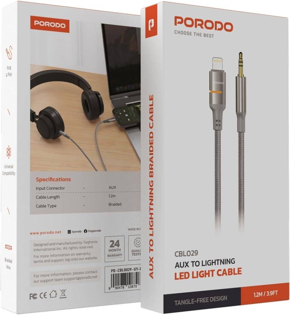 PD-CBL0029-GY-L | Porodo AUX to Lightning LED Light Cable | Gray