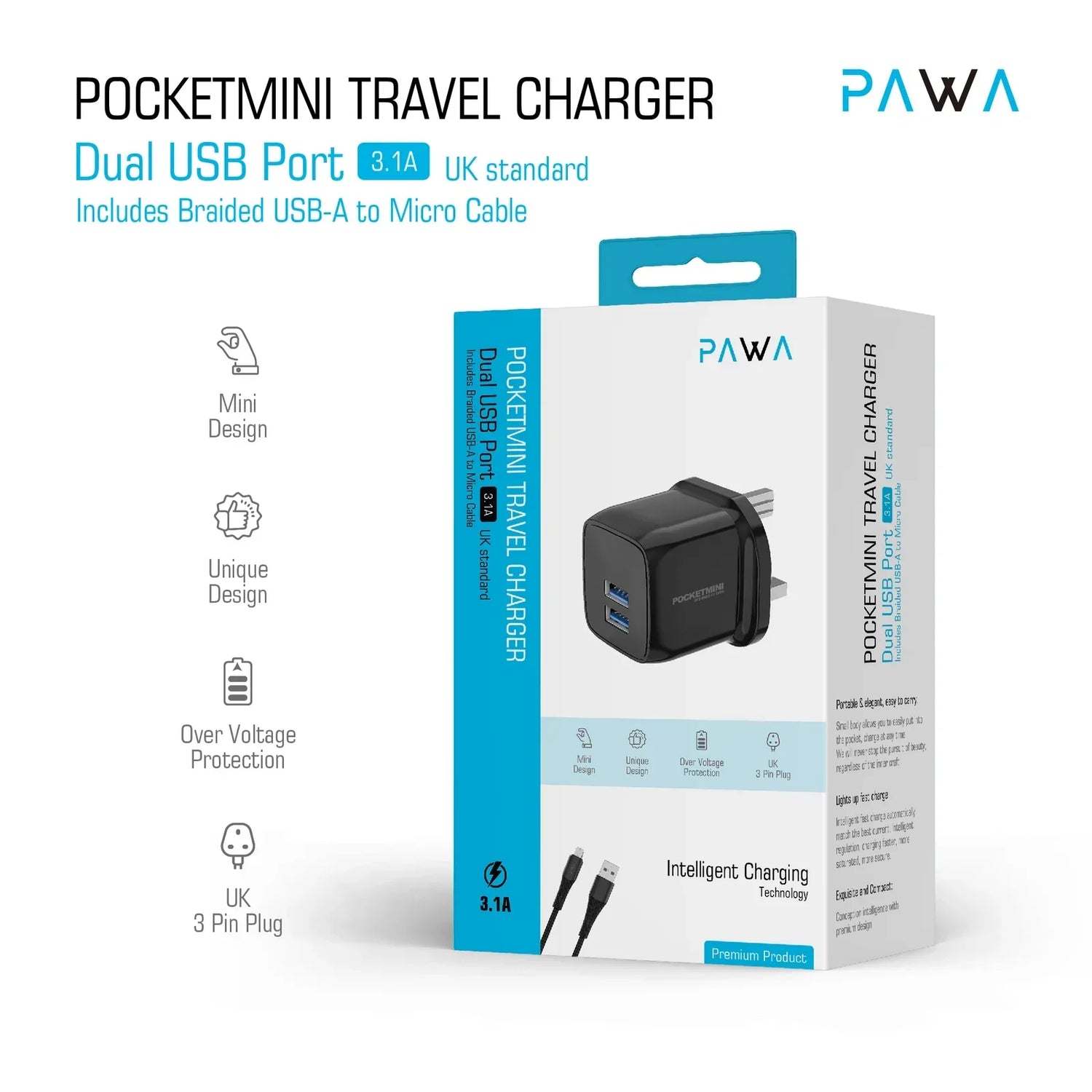 PAWA POCKETMINI TRAVEL CHARGER DUAL USB PORT 3.1A UK STANDARD WITH USB-A TO MICRO CABLE-BLACK