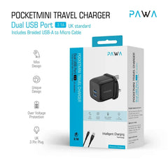 PAWA POCKETMINI TRAVEL CHARGER DUAL USB PORT 3.1A UK STANDARD WITH USB-A TO MICRO CABLE-BLACK - GulfStore.com