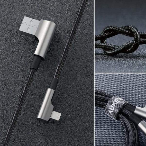 CB-BAL6 | Aukey 90 Degree Braided Nylon Sync & Charge Lightning Cable | 1.2 M / 3.95ft - GulfStore.com