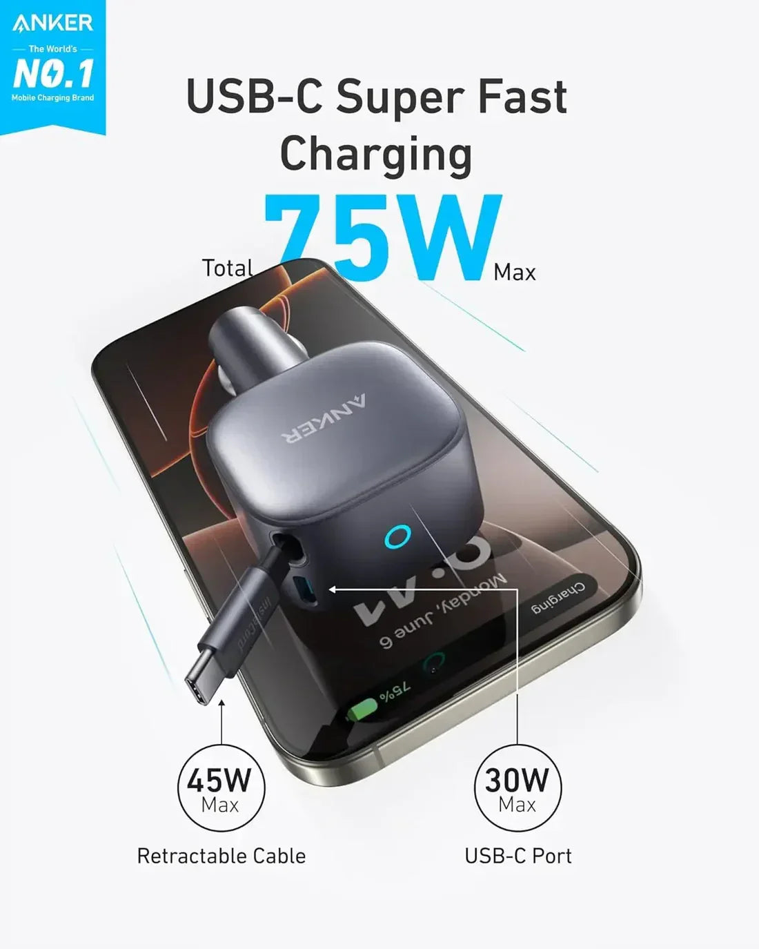 Anker Nano Car Charger (75W, USB-C Port, Built-in Retractable USB-C Cable) -Silver