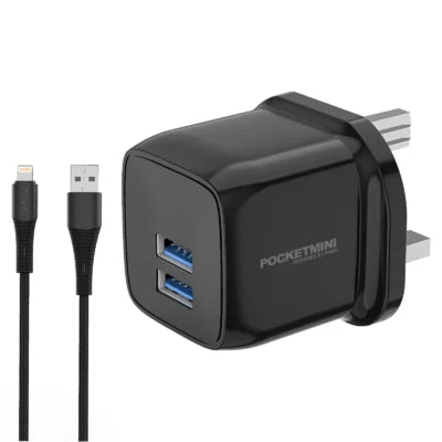 PW-PM2U31UKL-BK , Pawa POCKETMINI TRAVEL CHARGER Dual USB Port 3.1A Includes Braided USB-A to Lightning Cable -Black
