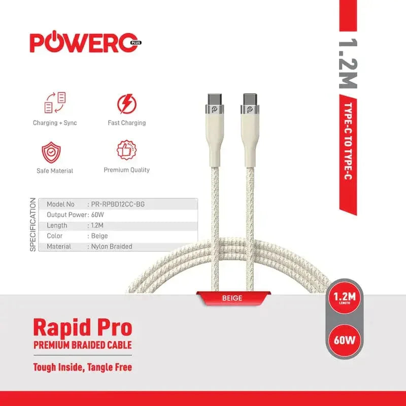 PR-RPBD12CC-BG , PowerO+ Rapid Pro Premium Braided Cable USB-C to USB-C 60W , 1.2M  Beige
