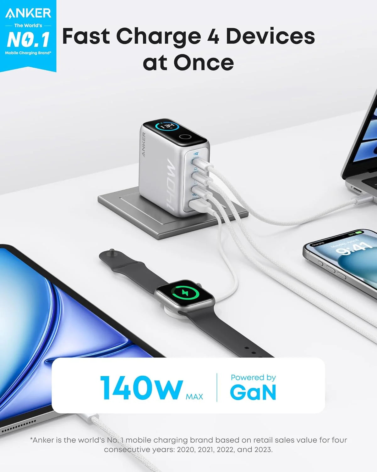 Anker Charger (140W, 4-Ports, PD 3.1) with USB-C Cable -Silver