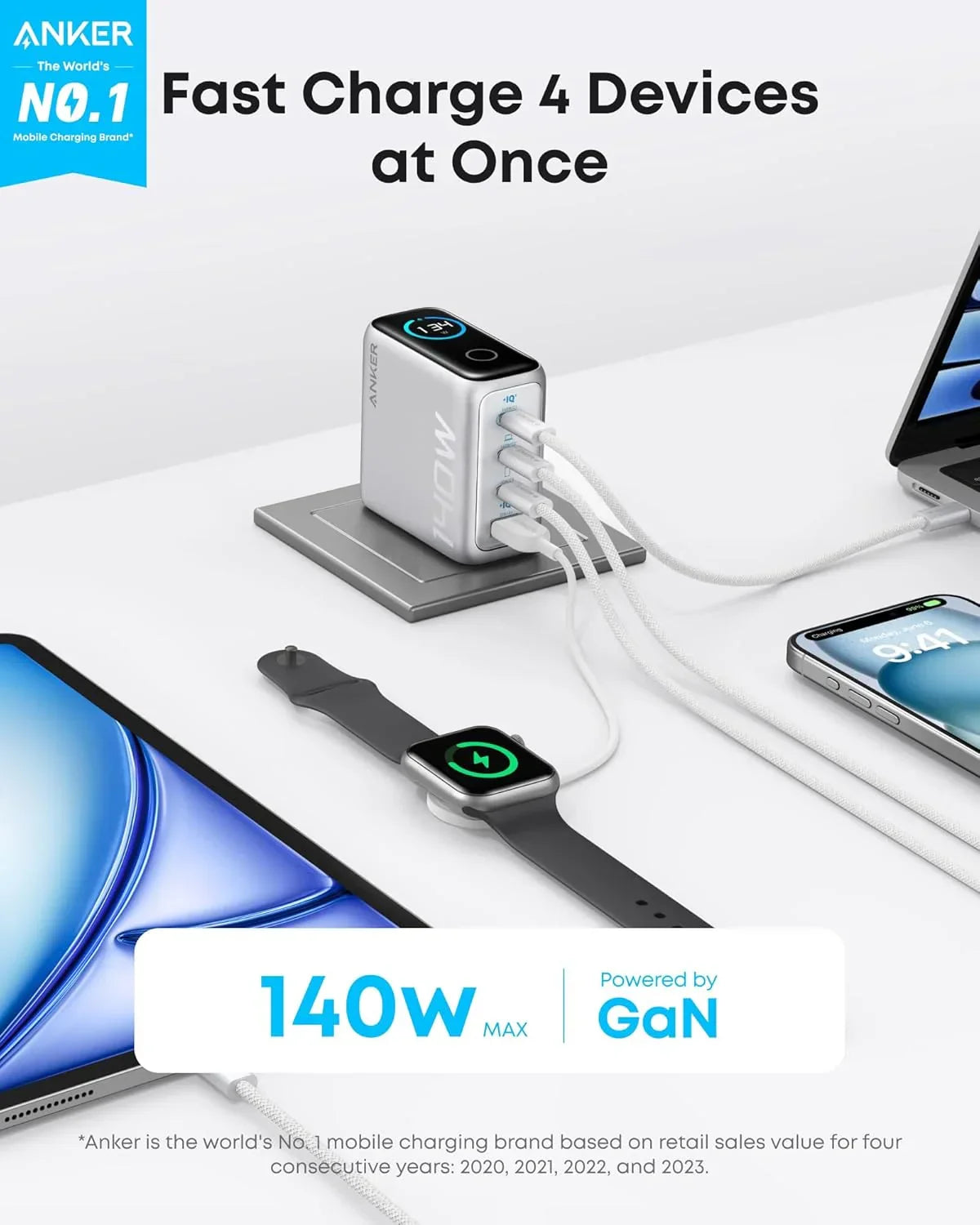 Anker Charger (140W, 4-Ports, PD 3.1) with USB-C Cable -Silver