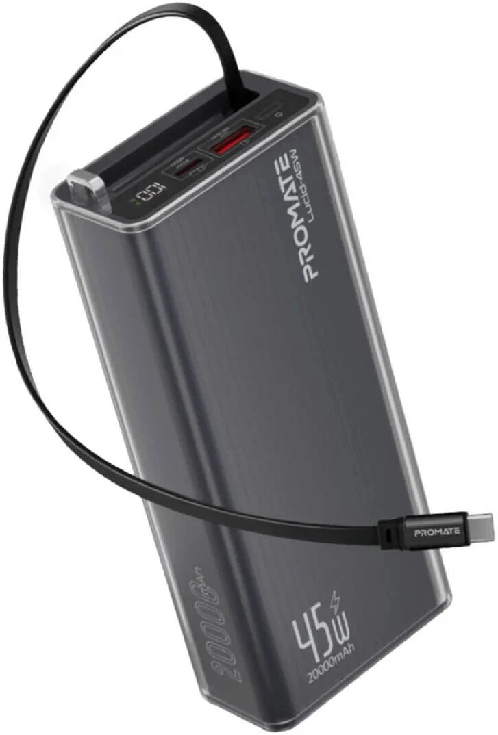PROMATE Lucid-45W.Black 20,000mAh power bank featuring 45W fast charging, a built-in retractable USB-C cable for cable-free convenience