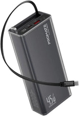 PROMATE Lucid-45W.Black 20,000mAh power bank featuring 45W fast charging, a built-in retractable USB-C cable for cable-free convenience