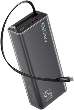 PROMATE Lucid-45W.Black 20,000mAh power bank featuring 45W fast charging, a built-in retractable USB-C cable for cable-free convenience