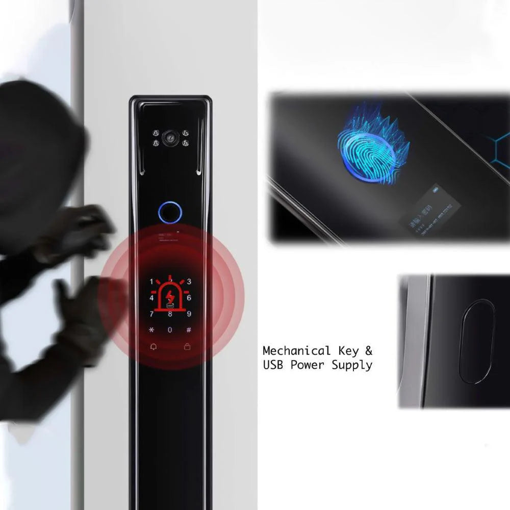 Elite Smart Door Lock , Finger Print + Password + RFID Card + Key + Temporary Key + IR Camera - LCD Display 4 - Black