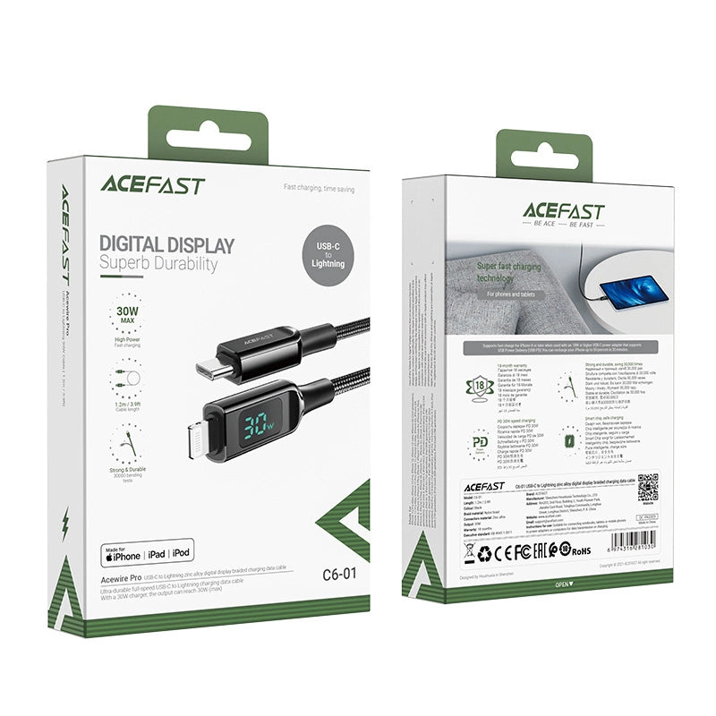 AceFast | 15887 | C6-01 | Usb C To Lightning Zinc Alloy Digital Display Braided Charging Data Cable | Black - GulfStore.com