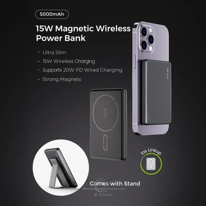 BP-20 , BRAVE Ultra Slim 10000mAh Magnetic Wireless Power Bank 15W With Stand, 20W Type-C