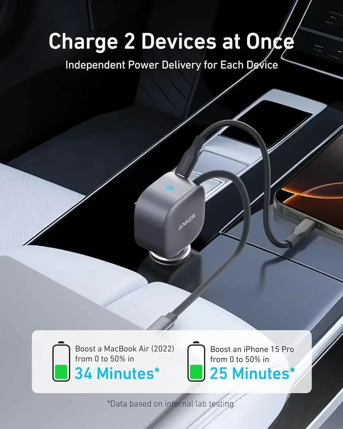 Anker Nano Car Charger (75W, USB-C Port, Built-in Retractable USB-C Cable) -Silver
