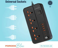 PB-FWCH034-BK , Porodo Blue FWC034 4 AC Power Strip Universal Sockets 3000W 3M 9.8FT - GulfStore.com