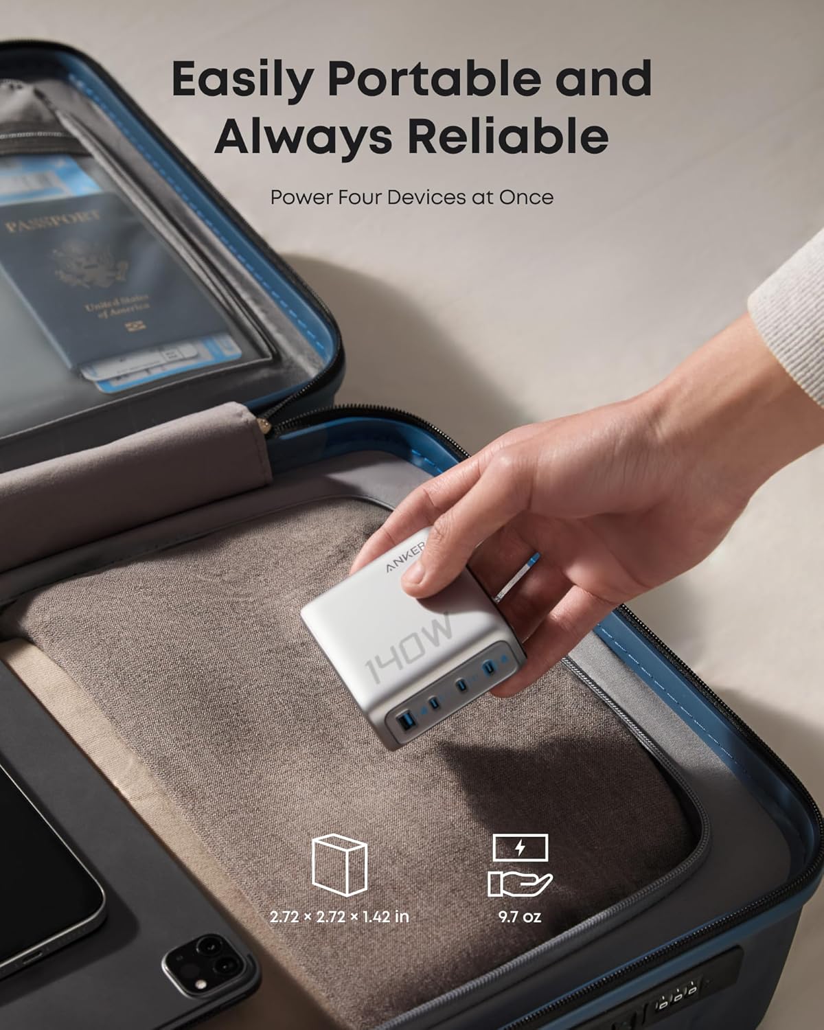 Anker Charger (140W, 4-Ports, PD 3.1) with USB-C Cable -Silver