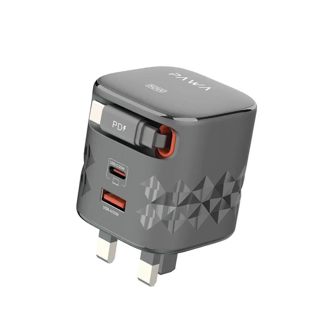 PAWA RETRO 50W UK CHARGER WITH TYPE-C RETRACTABLE CABLE BLACK PW-TAR50ACT-BK