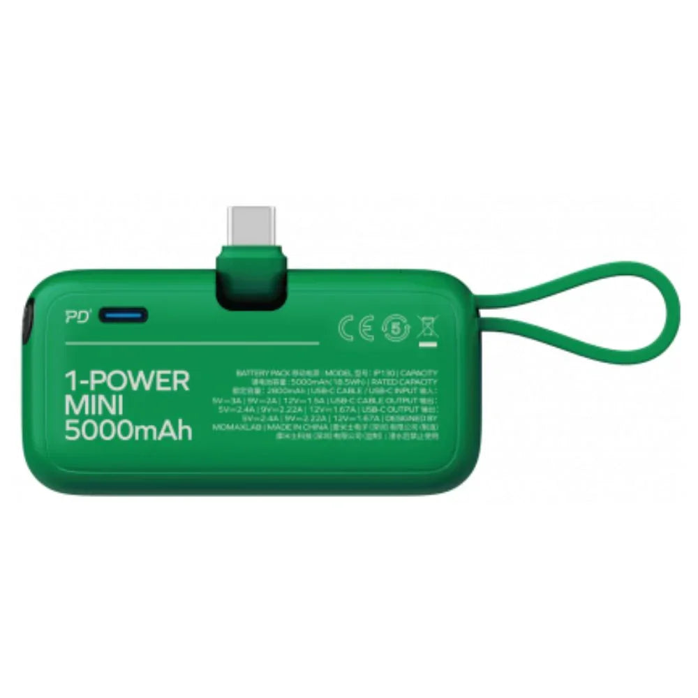 IP130G | Momax 1-Power Mini 5000mAh Bulit-in foldable USB-C Battery pack | Green