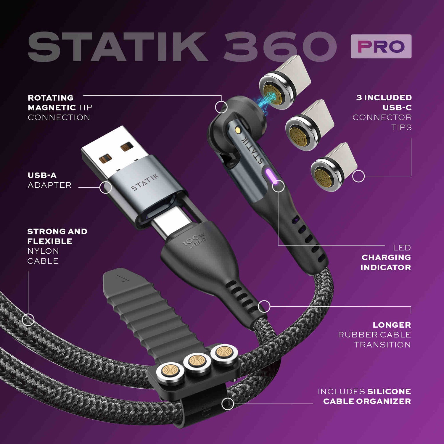 Statik | PUP-0521-3FT | Statik 360 Pro 2.0 Magnetic Tip USB-C Cable 90cm