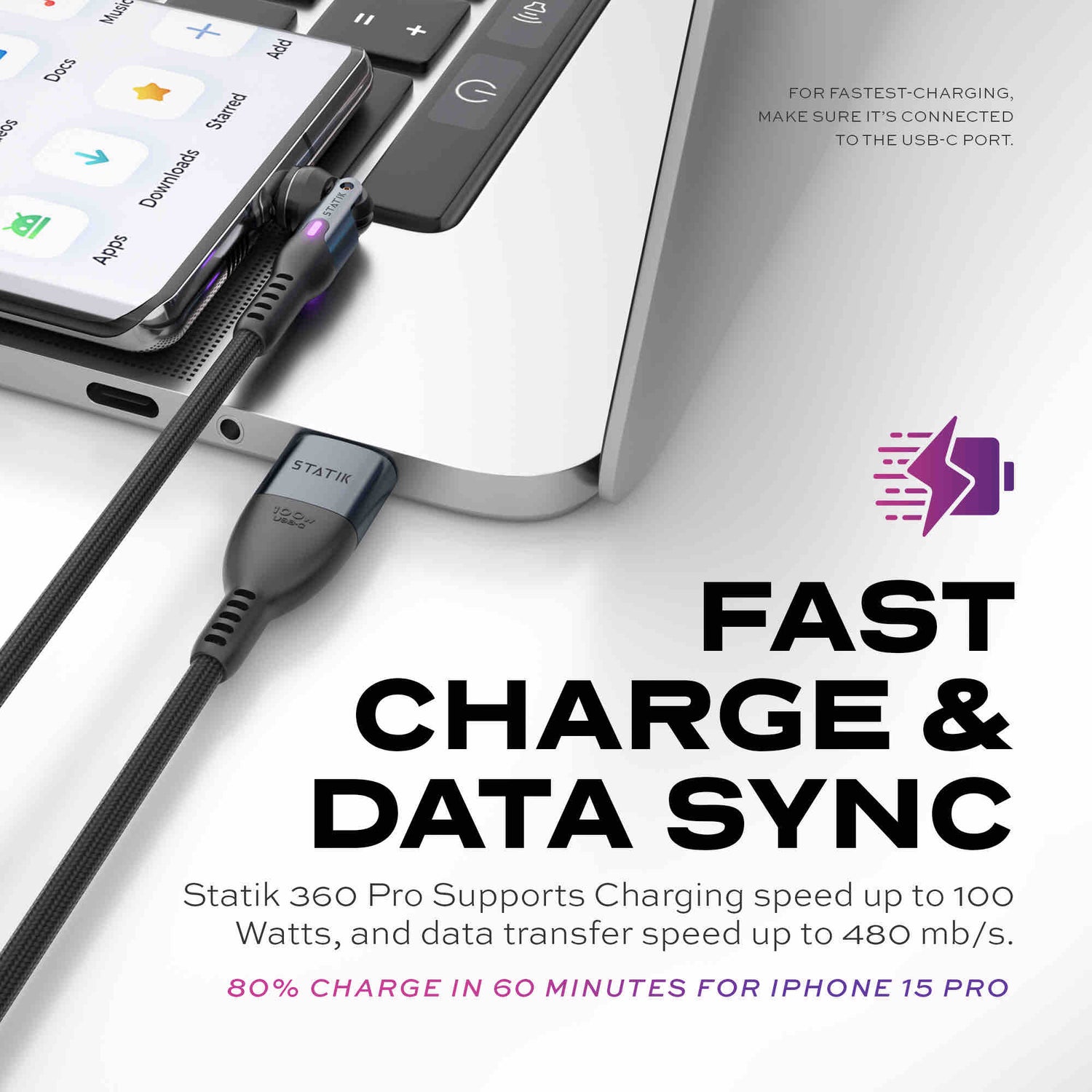 Statik | PUP-0521-3FT | Statik 360 Pro 2.0 Magnetic Tip USB-C Cable 90cm