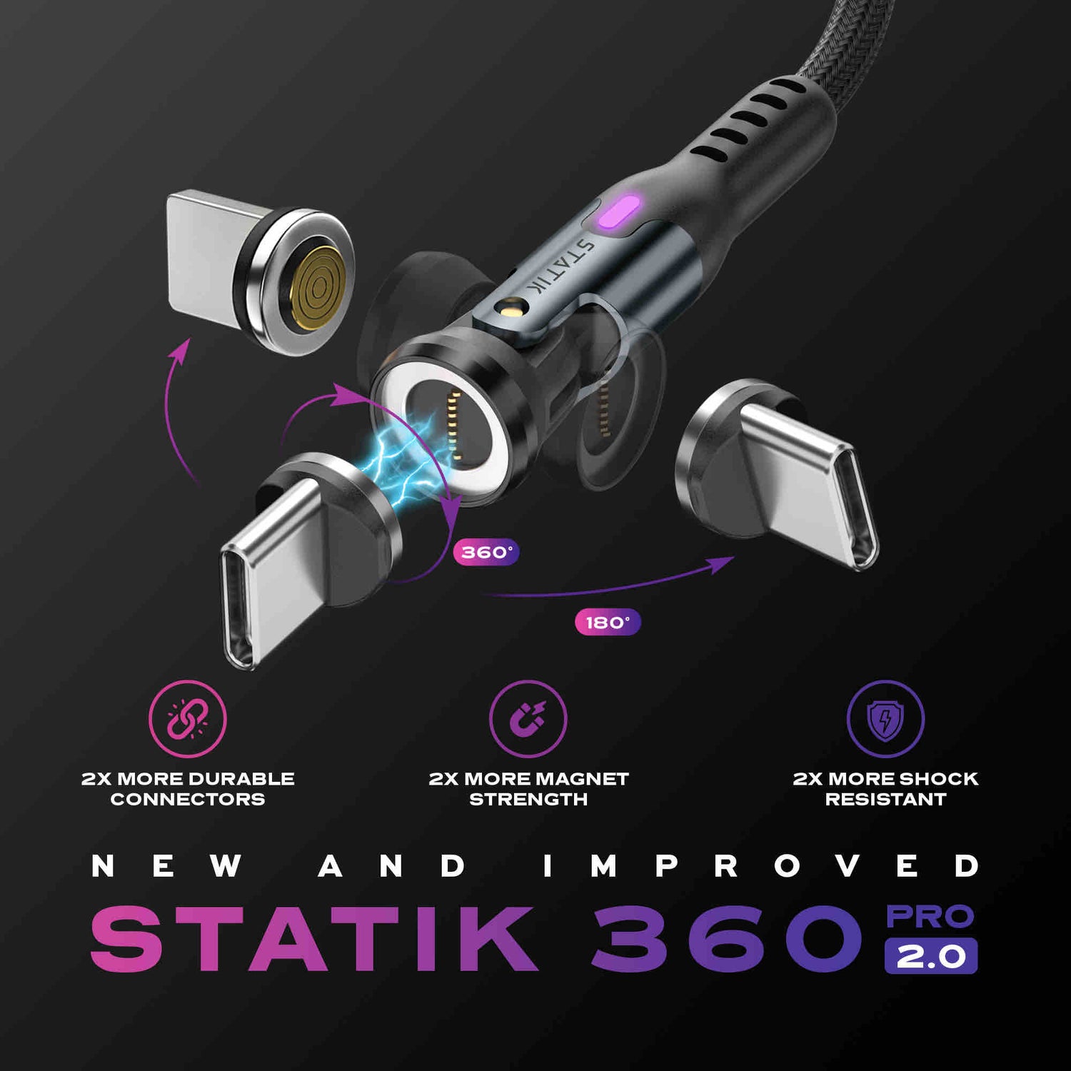 Statik | PUP-0521-3FT | Statik 360 Pro 2.0 Magnetic Tip USB-C Cable 90cm