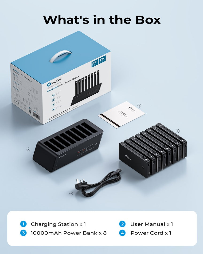 Raycue | PB001 | Raycue BoostDock 8 in 1 Charging Station Combo with 8*10000mAh PD20W Power Bank-UK