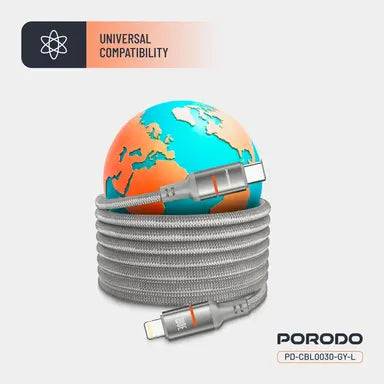 PD-CBL0030-GY-L | Porodo 30W Type-C to Lightning Magnetic Braided Cable | Gray