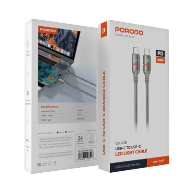 PD-CBL0028-GY-C | Porodo USB-C To USB-C LED Light Cable | Grey