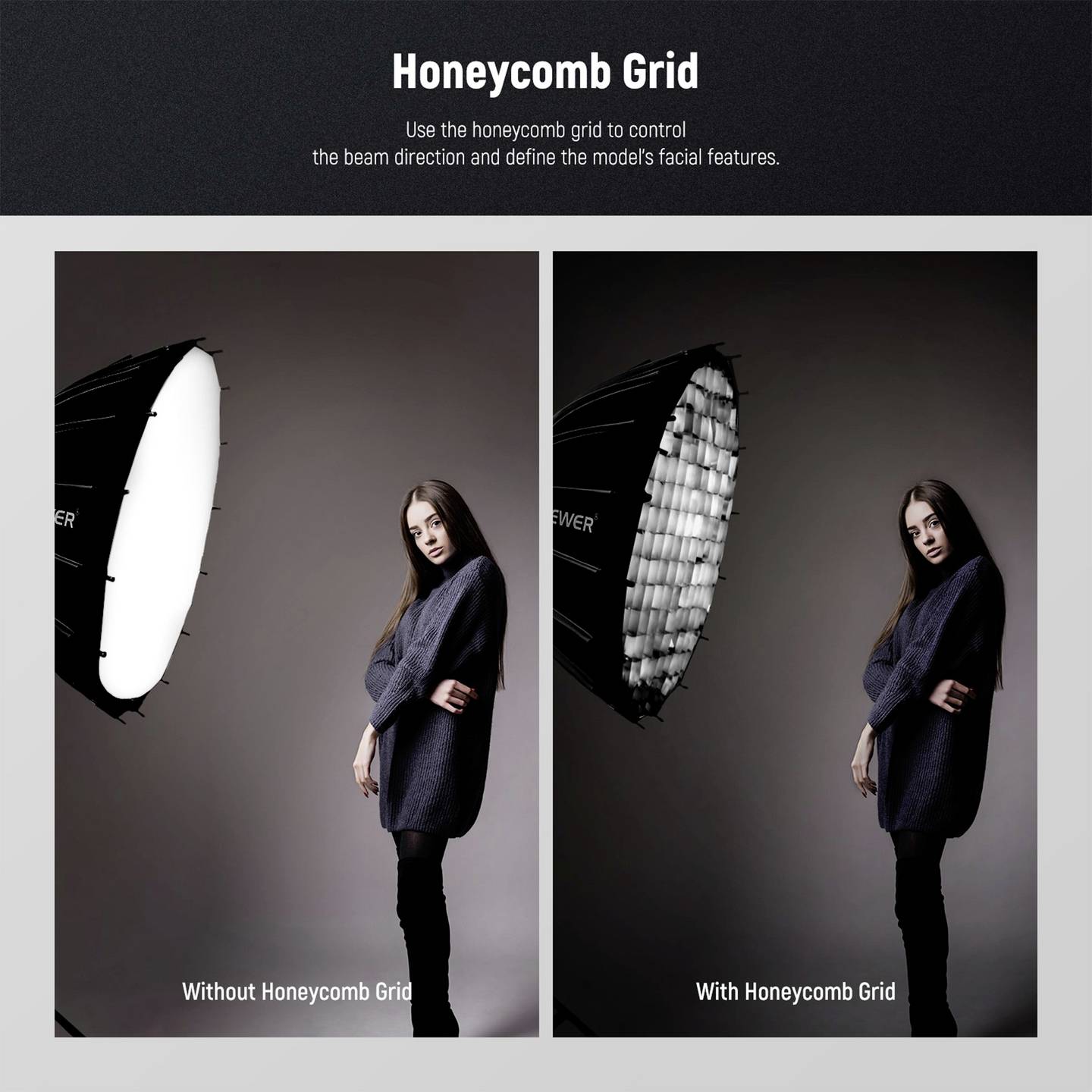 صندوق إضاءة نيور 85 سم عميق مكافئ سريع التحرير مع شبكة قرص العسل