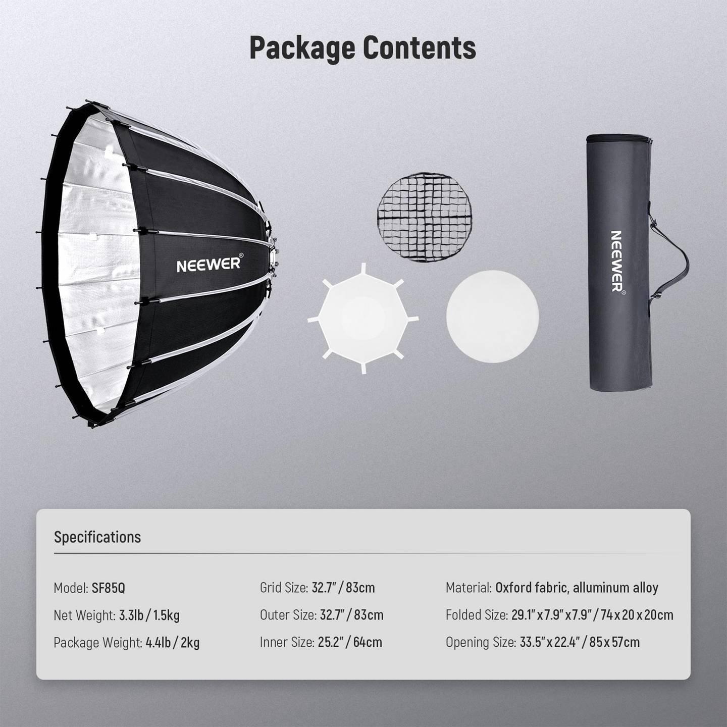 Neewer 85CM DEEP PARABOLIC QUICK RELEASE SOFTBOX WITH HONEYCOMB GRID